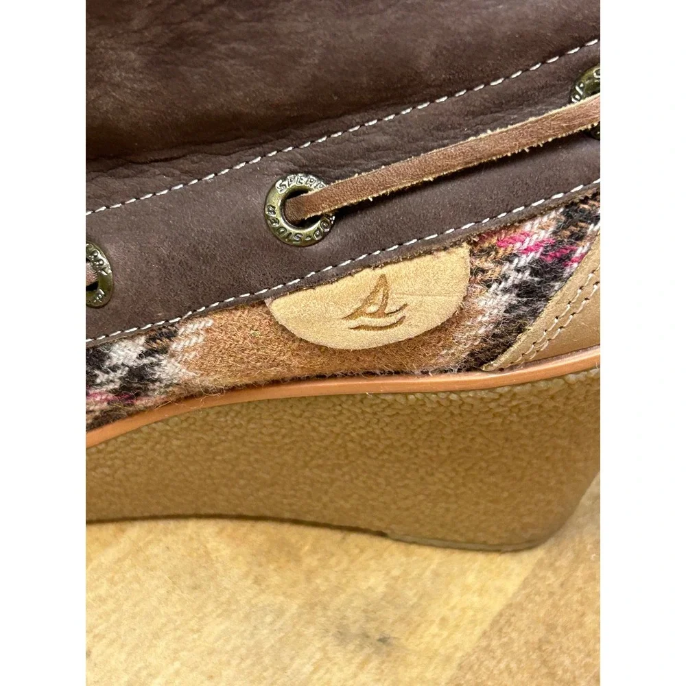 Sperry Top-Sider Wedge Boots Women 5M Brown Leather Plaid Wool Knit Ankle Bootie